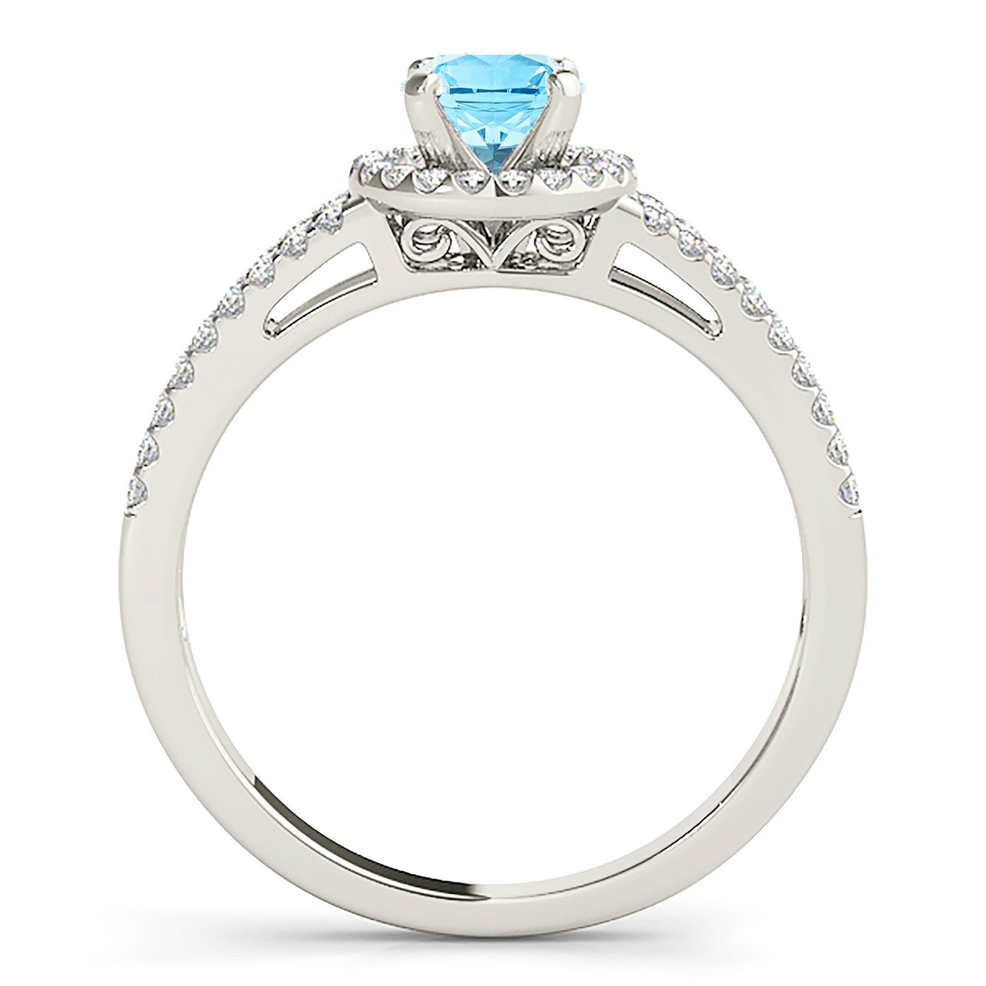 1.00 ct. Genuine Aquamarine Ring With 0.35 ctw. Diamond Halo and Delicate Split Diamond Shank | Round Blue Aquamarine Halo Ring-VIRABYANI